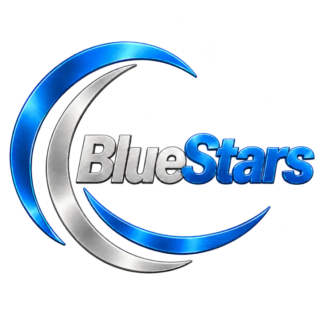 BlueStars — לוגו כחול וכסף על רקע שקוף