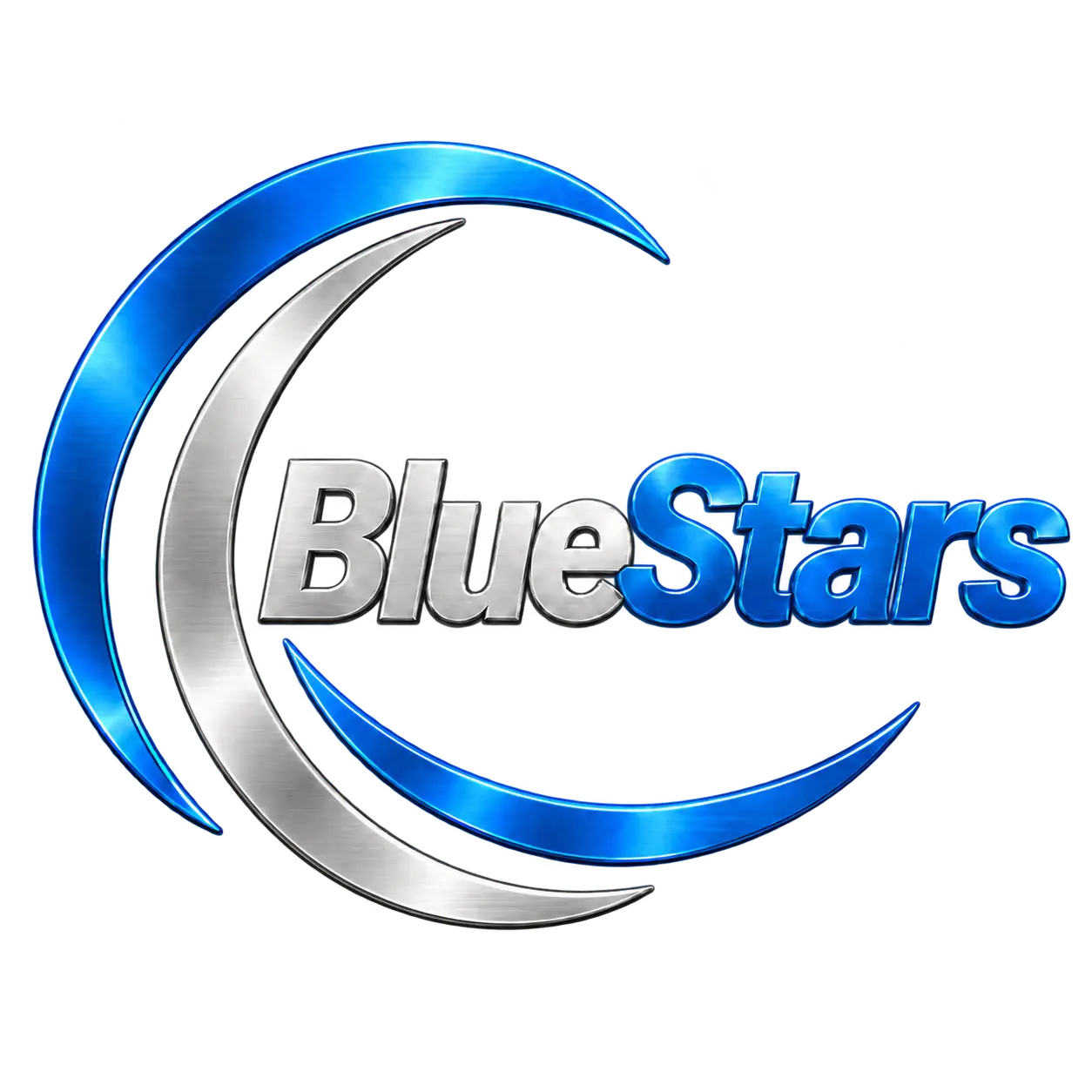 BlueStars — לוגו כחול וכסף על רקע שקוף